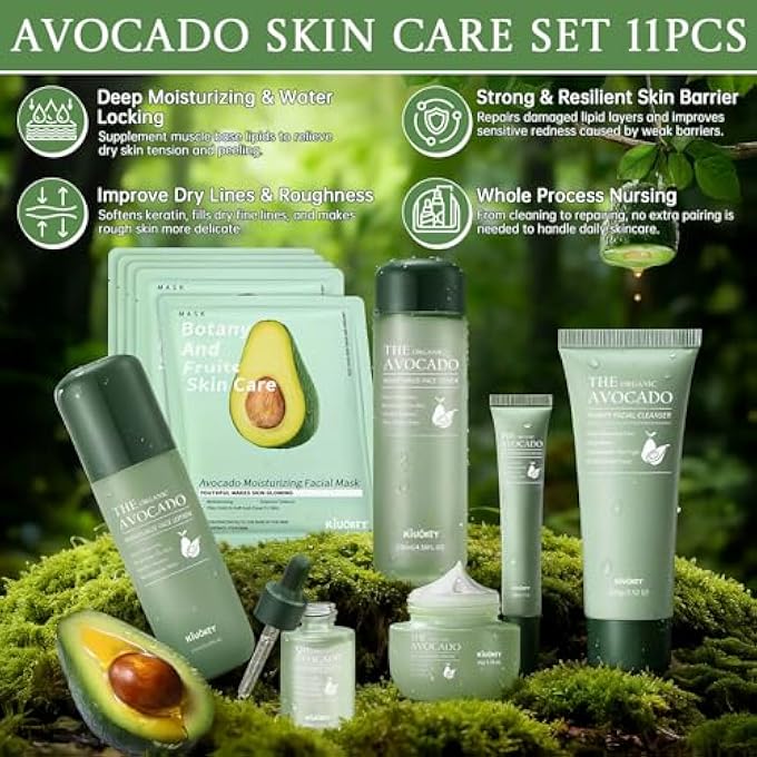 STRBOXONG AVOCADO SKIN CARE SET - 11PCS SKINCARE GIFT SET WITH FACIAL CLEANSER, TONER, SERUM, EYE CREAM, LOTION, FACE CREAM AND MOISTURIZING FACIAL MASKS - KOREAN SKIN CARE KIT FOR ALL SKIN TYPES - Image 2